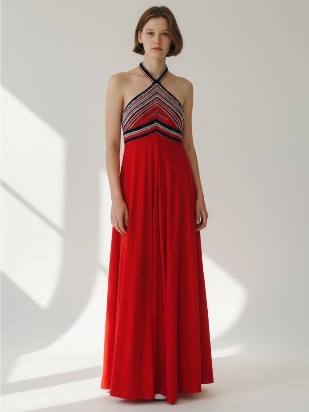 Vintage 70s Bonwit Teller Red Halter Maxi Dress XS Disco Retro Geometric